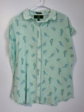 C Wonder Womens XL 100% Silk Bird Print Blouse Mint Blue Button Down